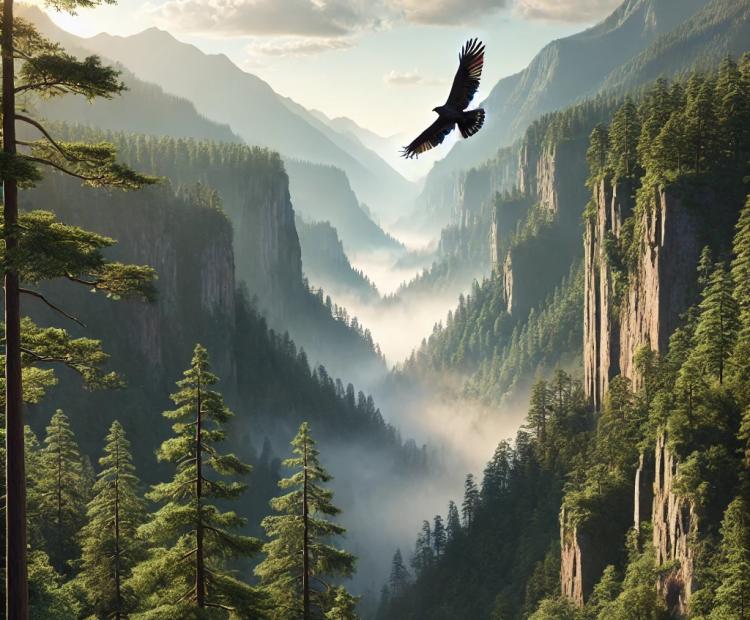 Photorealistic mountaintop forest with a single bird soaring through a canyon under a clear sky.